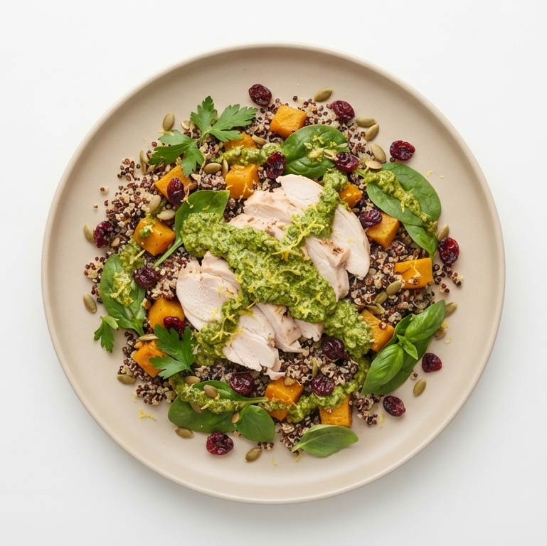 Broccoli Pesto, Chicken, Quinoa Salad