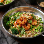 Miso brown rice & broccoli salad with fiery prawns