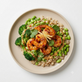 Miso brown rice & broccoli salad with fiery prawns