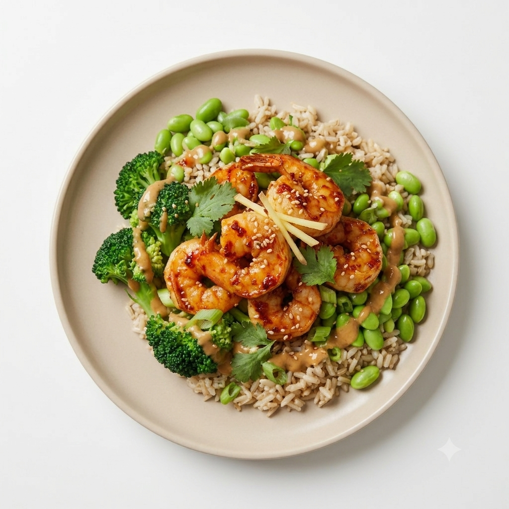 Miso brown rice & broccoli salad with fiery prawns